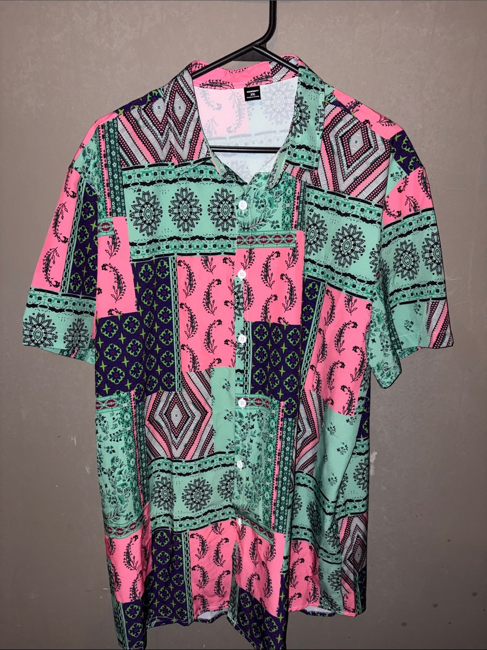 NFINITY Pink & Mint Patchwork Short-Sleeve Button-Up Shirt